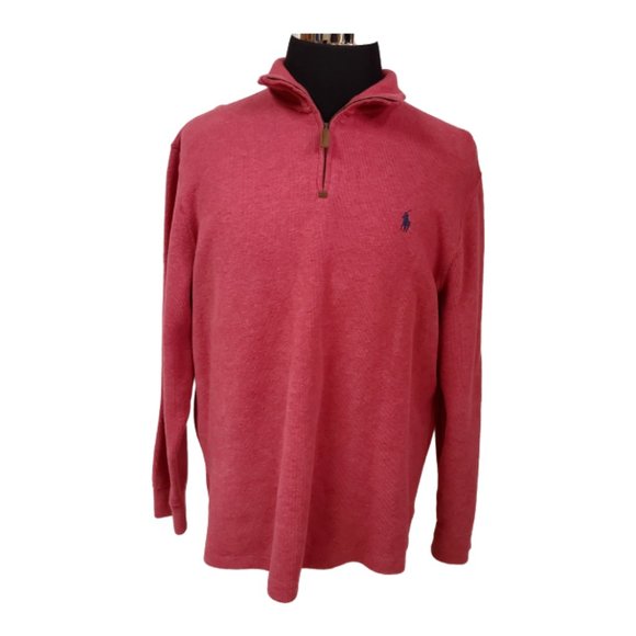Polo Ralph Lauren Mens Large Red 1/4 Zip Jersey Sweatshirt Sweater Polo Shirt - Picture 1 of 12